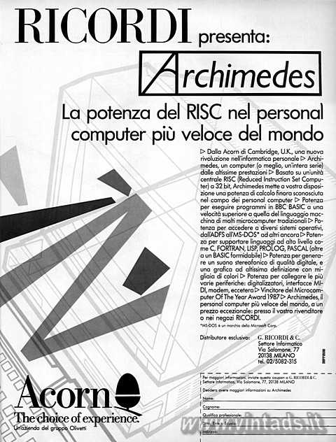 RICORDI presenta: Archimedes
La potenza del RISC nel personal computer pi velo