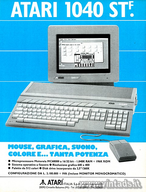 ATARI 1040 STf.
MOUSE, GRAFICA, SUONO, COLORE E... TANTA POTENZA
 Microproces