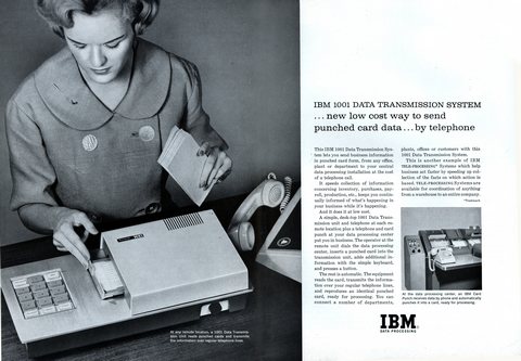 IBM 1001 DATA TRANSMISSION SYSTEM
 new low cost way to send punched card data