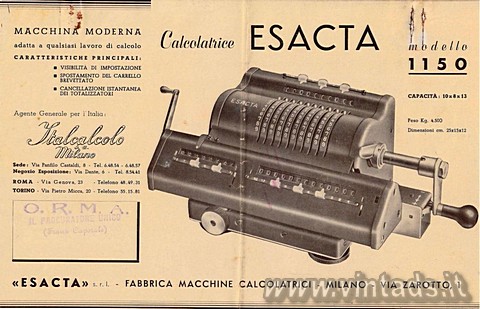 Volantino pubblicitario dedicato alla calcolatrice Esacta modello 1150, MACCHINA