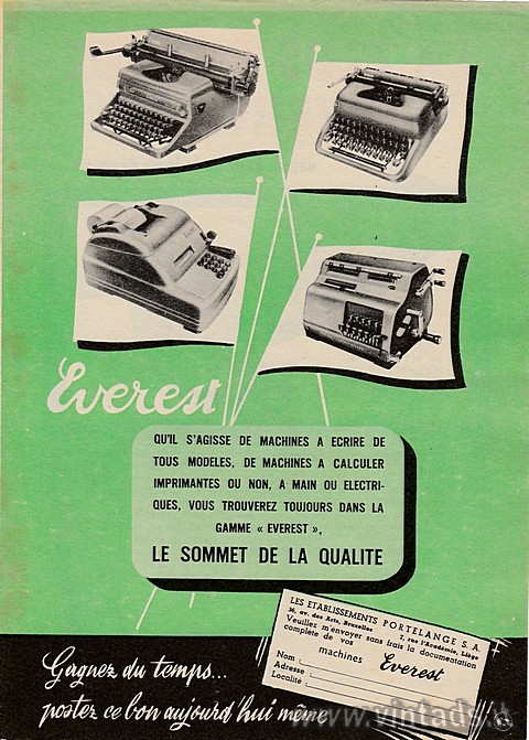 Publicité de la gamme Everest (machines à écrire et calculatrices) publiée sur S