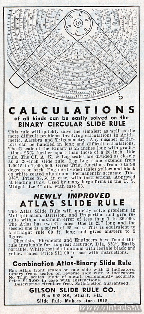 CALCULATIONS of all kinds can be easily solved on the BINARY CIRCULAR SLIDE RULE