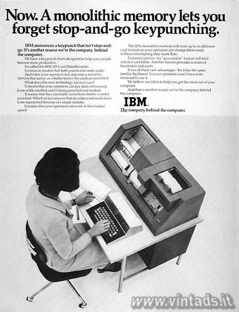 Now. A monolithic memory lets you forget stop-and-go keypunching.

IBM announc