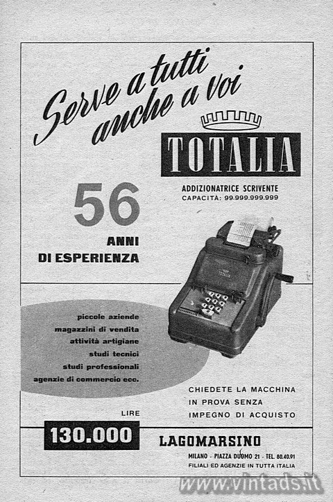 TOTALIA
ADDIZIONATRICE SCRIVENTE
CAPACITA: 99.999.999.999
56 ANNI DI ESPERIEN