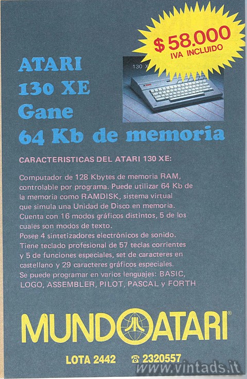 Atari 130 XE Gane 64 Kb de memoria