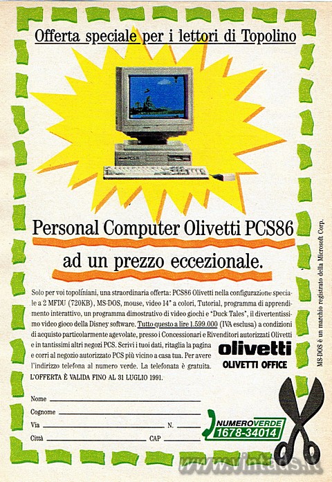 1499x2177 JPG Offerta speciale per i lettori di Topolino
Personal Computer Olivetti PCS86