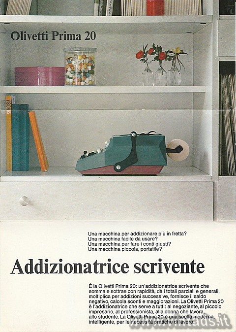 Pieghevole pubblicitario dedicato alla calcolatrice Olivetti Prima 20, stampato 