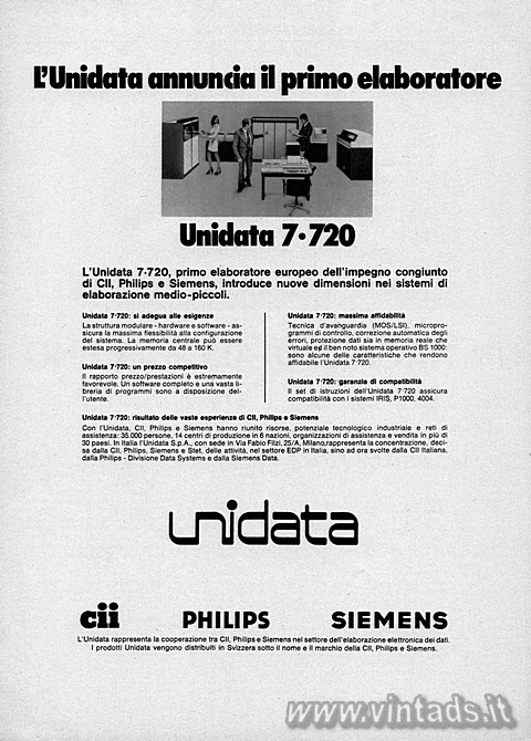 L'Unidata annuncia il primo elaboratore
Unidata 7-720

L'Unidata 7-72