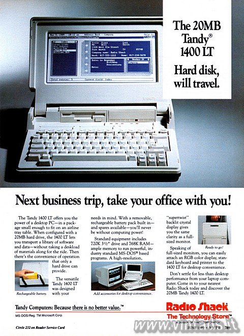 The 20MB Tandy® 1400 LT
Hard disk, will travel. [
