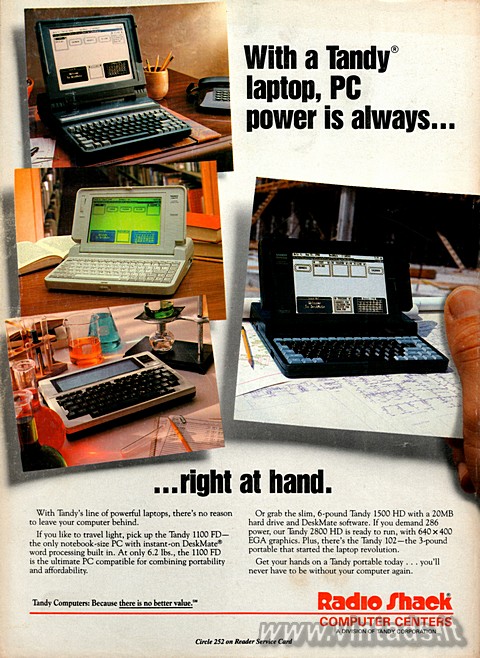 With a Tandy® laptop, PC power is always... right at hand.

With Tandy´s lin