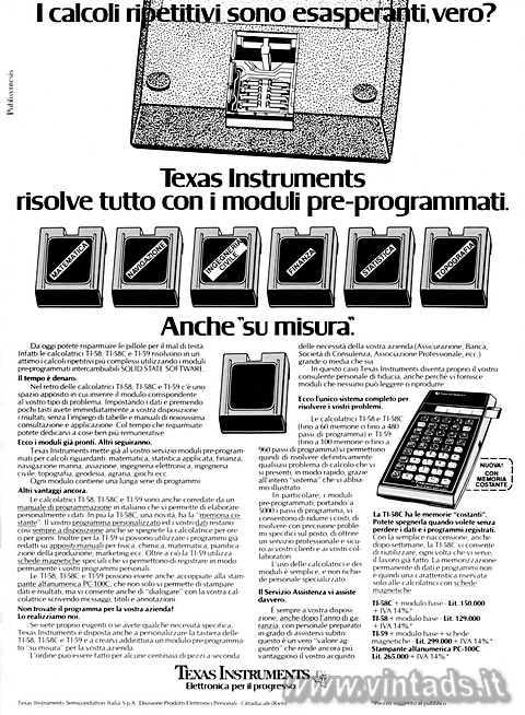 3292x4488 JPG
OGGETTO VISITABILE
NEL NOSTRO MUSEO I calcoli ripetitivi sono esasperanti, vero?
Texas Instruments risolve tutto co