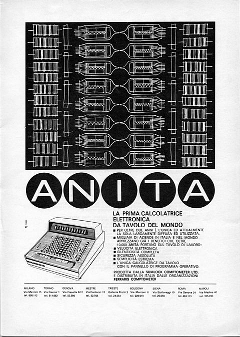 3286x4618 JPG ANITA
LA PRIMA CALCOLATRICE ELETTRONICA DA TAVOLO DEL MONDO
-PER OLTRE DUE ANN