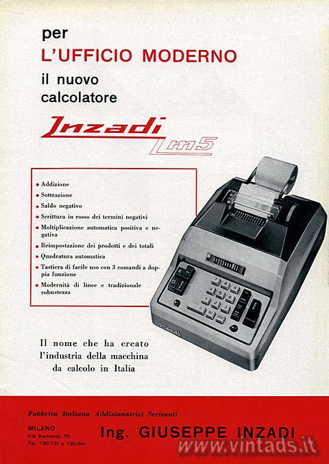 per L'UFFICIO MODERNO
il nuovo calcolatore INZADI M5
	Addizione
	Sottra