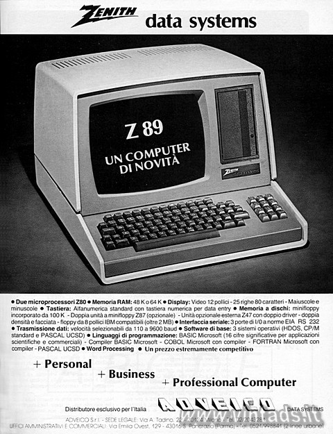 ZENITH data systems
Z89 un computer di novità
•	Due microprocessori Z80 • Memo
