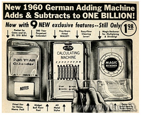New 1960 German Adding Machine
Adds & Subtracts to ONE BILLION!
Now with 9