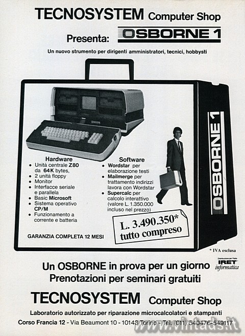 TECNOSYSTEM Computer Shop
Presenta: Osborne 1
Un nuovo strumento per dirigenti