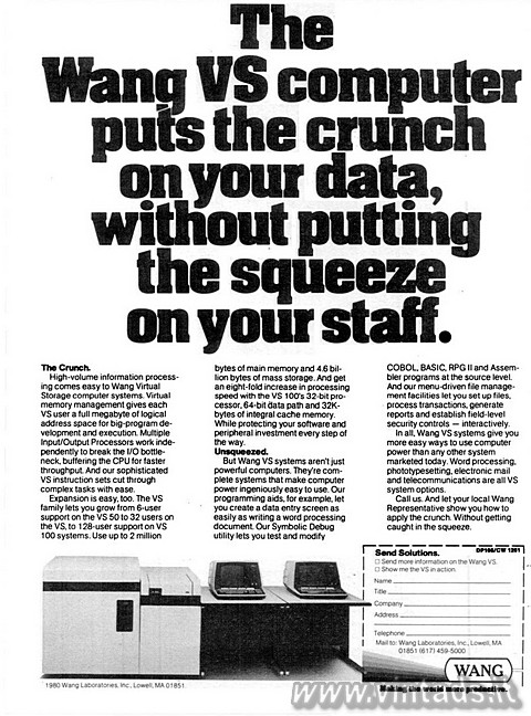 The Wang VS computer puts the crunch on your data, without putting the squeeze o