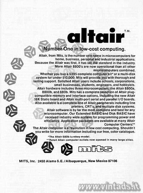 altair
Number One in low-cost computing.
Altair, from Mits, is the number one 