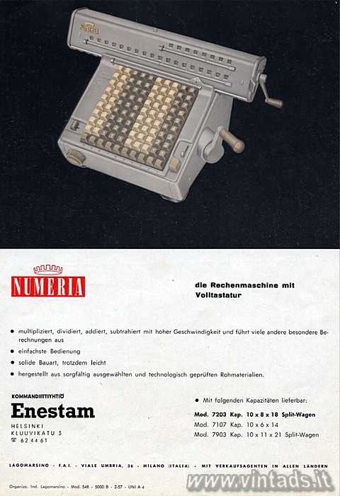 Numeria
Die Rechenmaschine mit Volltastatur
multipliziert, dividiert, addiert