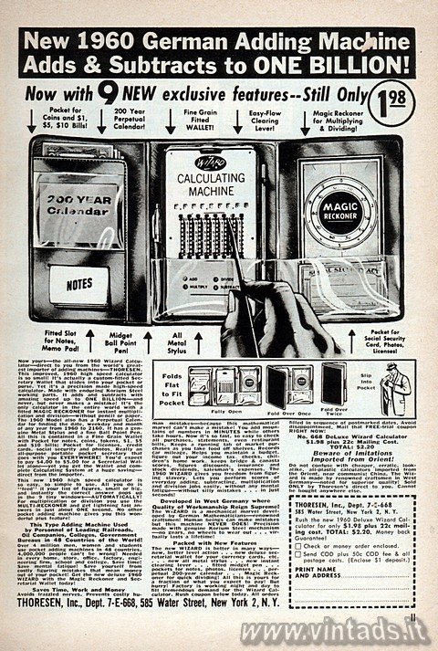 New 1960 German Adding Machine Adds & Subtracts to ONE BILLION!
Now with 9 