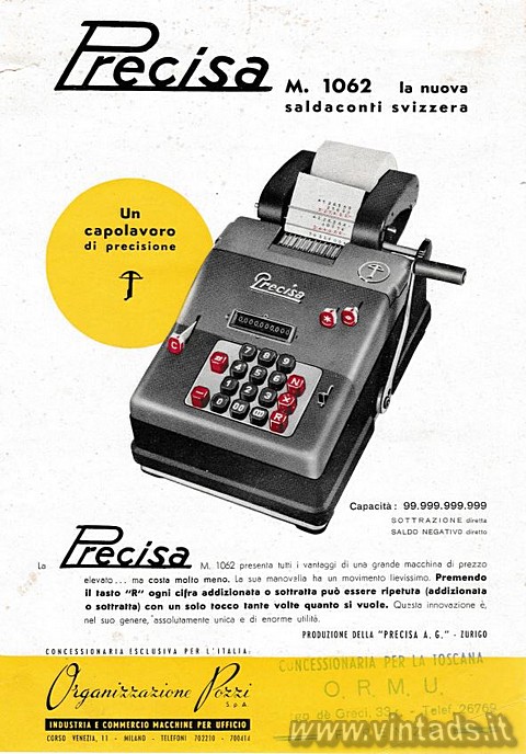 Volantino pubblicitario dedicato alla calcolatrice Precisa 1062, importata in It