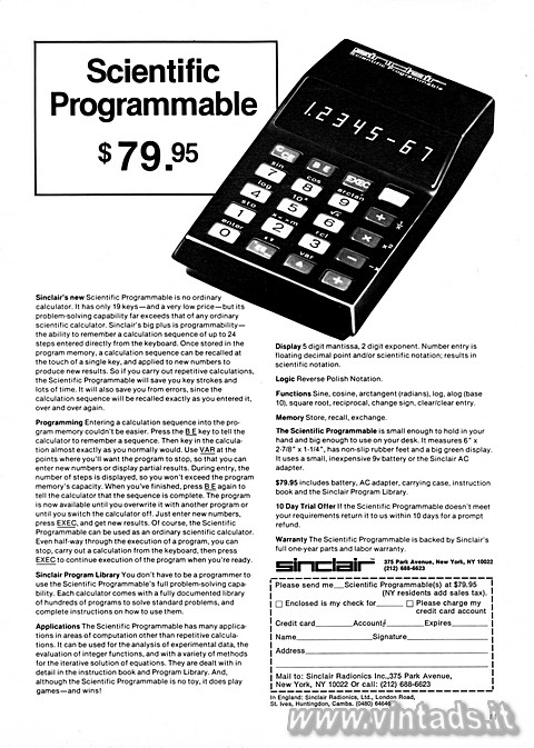 Sinclair Scientific Programmable $ 79.95

Sinclair’s new Scientific Programmab