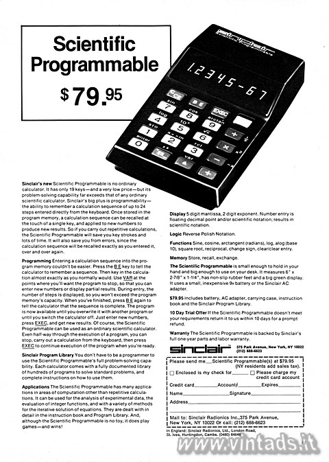 Sinclair Scientific Programmable $ 79.95

Sincla