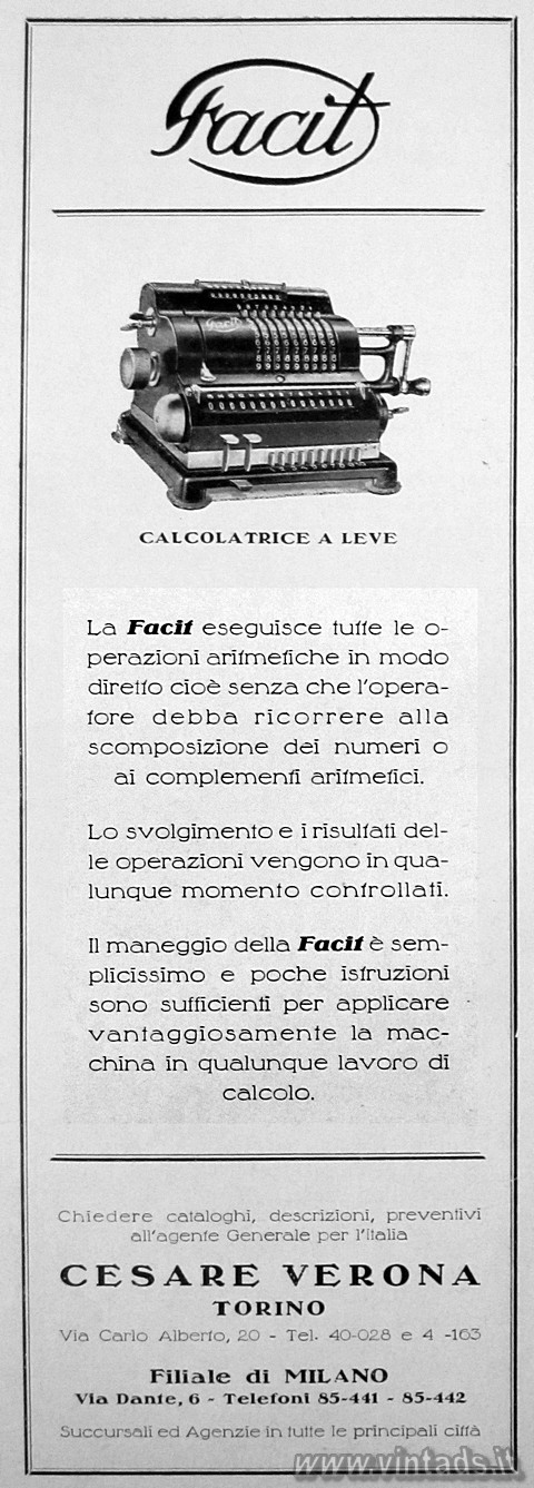 FACIT
CALCOLATRICE A LEVE
La Facit eseguisce tutte le operazioni aritmetiche 